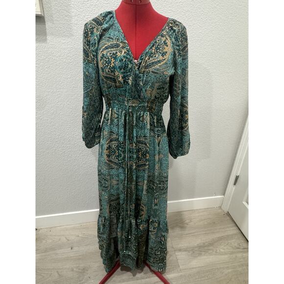 Paisley Print Maxi Dress Long Sleeve Teal Green Bohemian Style - Picture 1 of 7